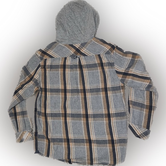Men’s Button Up Kolby Flannel Large Plaid Grey Yellow Hood - Picture 2 of 3